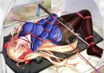  1girl absurdres bangs bdsm binoculars black_legwear blonde_hair blue_jacket blush bondage bound bound_arms bound_wrists breasts ereshkigal_(fate/grand_order) fate/grand_order fate_(series) gag gagged green_shorts hair_ribbon highres improvised_gag jacket kuraudo large_breasts legwear_under_shorts long_hair long_sleeves lying on_back outdoors pantyhose parted_bangs red_eyes red_ribbon red_rope restrained ribbon rope shibari shorts solo star star_print tent two_side_up 