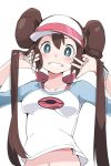  1girl blue_eyes blush brown_hair clenched_teeth double_bun ixy long_hair looking_at_viewer mei_(pokemon) navel pokemon pokemon_(game) pokemon_bw2 simple_background smile solo teeth twintails visor_cap white_background 