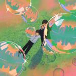 2boys bangs black_hair black_pants bubble bubble_blowing city from_above grass highres lying multiple_boys no_nose on_back original pants reflection shadow shirt short_hair short_sleeves sparkle white_shirt woshihuyi 