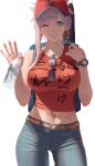  1girl asymmetrical_hair backpack bag bangs bare_shoulders baseball_cap belt blue_eyes bottle breasts clothes_writing collarbone denim earrings fate/grand_order fate_(series) grin hat heroic_spirit_traveling_outfit highres jeans jewelry large_breasts long_hair looking_at_viewer midriff miyamoto_musashi_(fate/grand_order) navel one_eye_closed pants pink_hair ponytail red_headwear red_tank_top sidelighting simple_background smile solo sunglasses swept_bangs takehisa_tomoe watch watch water_bottle waving white_background 