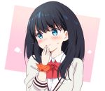  1girl black_hair blue_eyes bow bowtie cardigan closed_mouth eyebrows_visible_through_hair kurimomo long_sleeves orange_scrunchie red_neckwear scrunchie shirt short_hair solo ssss.gridman takarada_rikka upper_body wavy_mouth white_cardigan white_shirt wrist_scrunchie 