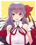  1girl bangs bare_shoulders bb_(fate)_(all) bb_(fate/extra_ccc) black_coat blush border breasts coat fate/extra fate/extra_ccc fate_(series) gloves hair_ribbon large_breasts leotard long_hair looking_at_viewer neck_ribbon off_shoulder open_clothes open_coat open_mouth purple_hair red_ribbon ribbon solo star starry_background teddy_(khanshin) very_long_hair violet_eyes white_border white_gloves white_leotard yellow_background 