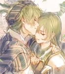  1boy 1girl bomssp closed_eyes couple fire_emblem fire_emblem:_seisen_no_keifu forehead_kiss fury_(fire_emblem) green_eyes green_hair hands_clasped headband hetero highres kiss levin_(fire_emblem) own_hands_together scarf 