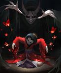  1girl black_hair black_nails black_sclera bug butterfly buttons claws doll_joints grin highres horns identity_v insect japanese_clothes kei1115 kimono michiko_(identity_v) pale_skin puppet puppet_strings red_eyes smile teeth wide_sleeves 