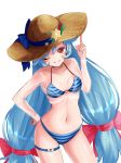  1girl absurdres ass_visible_through_thighs bikini blue_ribbon breasts character_request contrapposto copyright_request hair_ribbon hand_on_hip hat hat_ribbon highres long_hair looking_at_viewer navel one_eye_closed red_eyes red_ribbon ribbon sawarido small_breasts smile solo straw_hat striped striped_bikini swimsuit twintails very_long_hair white_background 