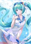  1girl ahoge air_bubble bubble dress eyebrows_visible_through_hair floating_hair green_eyes green_hair hat hatsune_miku highres long_hair minori_(faddy) sailor_dress smile solo submerged twintails underwater very_long_hair vocaloid white_dress 