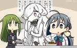  3girls ahoge black_serafuku check_translation commentary crescent crescent_moon_pin curry curry_rice dated flying_sweatdrops food french_battleship_hime green_eyes green_hair grey_eyes grey_hair hair_between_eyes hair_bun halterneck hamu_koutarou highres kantai_collection kiyoshimo_(kantai_collection) long_hair low_twintails multiple_girls nagatsuki_(kantai_collection) necktie rice school_uniform serafuku shinkaisei-kan shirt translation_request triangle_mouth twintails upper_body white_neckwear white_shirt 