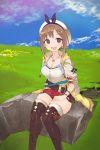  1girl atelier_(series) atelier_ryza belt blush breasts brown_eyes brown_hair hair_ornament hairclip hat highres jewelry looking_at_viewer necklace open_mouth red_shorts reisalin_stout short_shorts shorts smile solo thigh-highs thighs yokohachi 