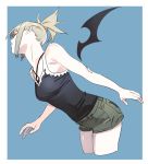  1girl black_shirt blue_background brown_shorts commentary cropped_legs from_side henken highres light_brown_hair original ponytail shirt short_hair short_ponytail shorts simple_background sleeveless solo wings 