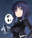  1girl alice_gear_aegis bangs bodysuit breasts commentary_request looking_at_viewer ohtori_kasumi open_mouth purple_hair robot shimada_fumikane solo sweat sweatdrop violet_eyes 