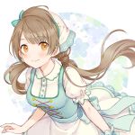  1girl bangs blush bow brown_eyes brown_hair closed_mouth collared_shirt dress_shirt eyebrows_visible_through_hair floral_background green_bow hair_bow hair_ornament hairclip head_scarf love_live! love_live!_school_idol_project low_twintails minami_kotori puffy_short_sleeves puffy_sleeves rio_(9251843) shirt short_sleeves single_wrist_cuff skirt smile solo striped striped_bow twintails upper_body white_shirt white_skirt wrist_cuffs 