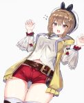  1girl :o atelier_(series) atelier_ryza belt beret blush breasts brown_eyes brown_hair cowboy_shot frown hair_ornament hairclip hands_up hat highres large_breasts long_sleeves midriff_peek open_mouth red_shorts reisalin_stout shirt short_hair short_shorts shorts sidelocks skindentation solo thigh-highs thigh_gap thighs vest white_headwear white_shirt xenonstriker yellow_vest 