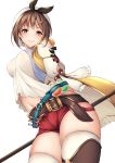  1girl arms_behind_back atelier_(series) atelier_ryza belt brown_eyes brown_hair brown_legwear closed_mouth eyebrows_visible_through_hair from_below hair_ornament hairclip hat highres holding holding_staff looking_at_viewer midriff navel red_shorts reisalin_stout short_hair short_shorts shorts simple_background smile solo staff thigh-highs thighs white_background white_headwear white_legwear ym_(distance819) 