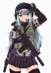  1girl alternate_costume assault_rifle bangs black_gloves blue_hair blunt_bangs closed_mouth eyebrows_visible_through_hair facial_mark girls_frontline gloves green_eyes gun h&amp;k_hk416 hair_ornament headset hk416_(girls_frontline) long_hair long_sleeves looking_at_viewer parody persocon93 pleated_skirt pouch rainbow_six_siege rifle simple_background skirt solo teardrop thigh-highs vest weapon white_background 