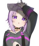  1girl animal_ear_fluff animal_ears arm_up black_collar black_hoodie blush cat_ears cat_girl chestnut_mouth collar commentary_request food forehead hand_in_hair highres hololive hood hood_down hoodie long_sleeves looking_at_viewer nekomata_okayu onigiri open_mouth parted_lips purple_hair seramikku shade sidelocks simple_background strap upper_body violet_eyes virtual_youtuber white_background 