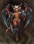  1girl ahoge barefoot blade blonde_hair breasts dark_skin demon_girl demon_horns demon_tail demon_wings full_body_tattoo gauntlets horns looking_at_viewer maxa&#039; navel original pointy_ears revealing_clothes short_hair small_breasts spikes spines succubus tail tattoo thigh-highs violet_eyes wings 