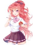  1girl :d apple bad_proportions black_skirt blush bow food fruit hair_bow jilo long_hair looking_at_viewer open_mouth pen pen-pineapple-apple-pen pink_bow pink_hair pleated_skirt school_uniform shirt short_sleeves simple_background skirt smile solo standing thigh-highs very_long_hair violet_eyes wavy_hair white_background white_legwear white_shirt 