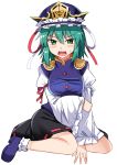  1girl alternate_breast_size black_footwear blouse breasts e.o. green_eyes green_hair highres long_sleeves looking_at_viewer mary_janes medium_breasts mirror phantasmagoria_of_flower_view shiki_eiki shoes short_socks sitting socks solo thigh-highs touhou two_side_up vest wide_sleeves zettai_ryouiki 