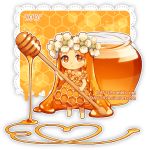  1girl artist_name bangs bare_arms barefoot chibi closed_mouth commentary dav-19 dress flower food_themed_clothes forehead hair_flower hair_ornament holding honey jar lace_background long_hair looking_at_viewer orange_dress orange_flower orange_hair original parted_bangs personification smile solo transparent_background very_long_hair watermark web_address white_flower 