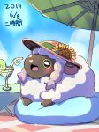  beach_umbrella bean_bag blush brown_eyes clouds commentary_request cup drink drinking_glass flower gen_8_pokemon hat hat_flower lying ni_jikan no_humans on_stomach open_mouth outdoors pokemon pokemon_(creature) pokemon_(game) pokemon_swsh sheep sky smile sun_hat sunflower umbrella wooloo 
