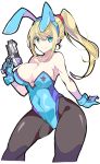  1girl aqua_eyes blonde_hair breasts bunnysuit closed_mouth curvy enpe eyebrows_visible_through_hair gloves grin gun hairband highres large_breasts long_hair metroid mole mole_under_mouth pantyhose ponytail red_hairband samus_aran simple_background smile solo super_smash_bros. weapon white_background zero_suit 