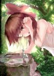  1girl ;o alternate_costume backlighting bare_arms blurry bow breasts brown_eyes brown_hair camisole day depth_of_field drinking_fountain eyes_visible_through_hair forest hair_bow hakurei_reimu hand_in_hair leaning_forward light_particles looking_at_viewer nature one_eye_closed open_mouth outdoors sideboob solo sweat touhou upper_body wet wet_hair yoho_taiwan 