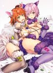  2girls animal_ears ass bangs bare_shoulders blush boots claw_pose claws commentary_request eyebrows_visible_through_hair fang fate/grand_order fate_(series) fujimaru_ritsuka_(female) fur-trimmed_gloves fur-trimmed_legwear fur_trim gloves grey_legwear hair_between_eyes hair_ornament hair_scrunchie hand_up high_heels kotatsu_(kotatsu358) looking_at_viewer mash_kyrielight multiple_girls navel o-ring o-ring_top open_mouth orange_hair pink_hair purple_hair revealing_clothes ribbon ribbon_trim scrunchie shiny shiny_hair shiny_skin smile stomach thigh-highs thigh_boots thighs yellow_eyes 