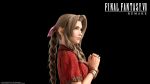 1girl 3d absurdres aerith_gainsborough black_background bow bracelet braid brown_hair cg closed_mouth copyright female final_fantasy final_fantasy_vii final_fantasy_vii_remake green_eyes hair_bow hands_together highres jacket jewelry lips long_hair looking_away looking_to_the_side official_art own_hands_together red_jacket simple_background single_braid solo square_enix upper_body