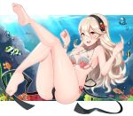  1girl absurdres artist_name ass bangs barefoot bikini black_hairband blush bubble clownfish cute female_my_unit_(fire_emblem_if) fire_emblem fire_emblem_cipher fire_emblem_if fish freediving hair_between_eyes hair_ornament hairband hands_up highres intelligent_systems kamui_(fire_emblem) long_hair looking_at_viewer mamkute my_unit_(fire_emblem_if) navel nintendo pointy_ears red_eyes sarukaiwolf shell shell_bikini silver_hair simple_background smile soles swimsuit underwater water white_hair 