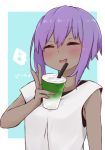  1girl :d ^_^ blue_background blush bubble_tea closed_eyes cup dark_skin disposable_cup drinking_straw eighth_note facing_viewer fate/prototype fate/prototype:_fragments_of_blue_and_silver fate_(series) hassan_of_serenity_(fate) holding holding_cup i.u.y musical_note open_mouth purple_hair shirt sleeveless sleeveless_shirt smile solo spoken_musical_note star translated two-tone_background upper_body v white_background white_shirt 