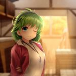  1girl absurdres ahoge alternate_costume arms_behind_back between_breasts blue_eyes blurry blurry_background breasts contemporary crowned-tapioka cute dusk eyebrows_visible_through_hair fire_emblem fire_emblem:_rekka_no_ken fire_emblem_heroes green_hair gym_uniform hairband highres indoors intelligent_systems jacket looking_at_viewer medium_breasts nino_(fire_emblem) nintendo one_eye_closed red_jacket shirt short_hair smile solo storage_room sunlight track_jacket track_suit upper_body whistle white_shirt window wink 