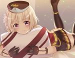  1girl azur_lane bed beret black_legwear blonde_hair blush commentary_request gloves hat hug legs_up leipzig_(azur_lane) looking_at_viewer lying on_stomach pillow platinum_blonde_hair short_hair solo thigh-highs vanivivi violet_eyes 