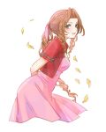  1girl aerith_gainsborough arms_behind_back breasts brown_hair cropped_jacket dress final_fantasy final_fantasy_vii green_eyes hair_intakes hair_ribbon highres jacket long_hair looking_at_viewer medium_breasts open_clothes open_jacket petals pink_dress pink_ribbon red_jacket ribbon short_sleeves simple_background smile solo toufu_(toufu_53) white_background 