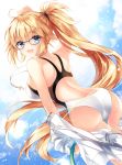  1girl :d ahoge arm_up ass back bare_legs bare_shoulders black-framed_eyewear blonde_hair blue_eyes blue_sky breasts competition_swimsuit day fate/grand_order fate_(series) floating_hair from_behind glasses holding hose jacket jeanne_d&#039;arc_(fate)_(all) jeanne_d&#039;arc_(swimsuit_archer) large_breasts long_hair looking_at_viewer looking_back nogi_takayoshi one-piece_swimsuit open_mouth ponytail shoulder_blades sky smile solo sunlight swimsuit very_long_hair whistle white_jacket 