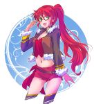  1girl alternate_costume belt casual choker crop_top cropped_jacket fur_trim glasses green_eyes highres iesupa jacket long_hair midriff navel open_clothes open_jacket ponytail pyrrha_nikos redhead rwby short_shorts shorts solo 