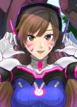  1girl animal_print bangs blue_bodysuit bodysuit bracer breasts brown_eyes brown_hair bunny_print clash_kuro_neko d.va_(overwatch) facepaint facial_mark gloves headphones high_collar highres long_hair looking_at_viewer meka_(overwatch) nose open_mouth overwatch pilot_suit pink_lips ribbed_bodysuit skin_tight solo swept_bangs whisker_markings white_gloves 