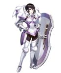  1girl amagai_tarou armor armored_boots bangs black_hair boots closed_mouth degel fire_emblem fire_emblem:_kakusei fire_emblem_heroes full_body gauntlets hand_on_hip highres holding lips looking_at_viewer official_art pants shield shiny shiny_clothes shiny_hair short_hair sidelocks solo standing 