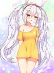  1girl alternate_costume animal_ears arms_behind_back azur_lane blush commentary_request cowboy_shot fake_animal_ears hairband highres irokari laffey_(azur_lane) long_hair off-shoulder_shirt off_shoulder parted_lips rabbit_ears red_eyes shirt solo twintails very_long_hair white_hair 