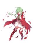  1girl ahoge boots braid brown_gloves cape dress fire_emblem fire_emblem:_kakusei fire_emblem_heroes fur_trim gloves green_hair highres long_hair mamkute nn_(fire_emblem) official_art pointy_ears red_cape red_footwear short_dress solo thigh-highs thigh_boots transparent_background twin_braids twintails 