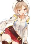  1girl artist_request atelier_(series) atelier_ryza belt blush breasts brown_eyes brown_hair hair_ornament hairclip hat highres jewelry looking_at_viewer navel necklace open_mouth red_shorts reisalin_stout short_shorts shorts signature solo thigh-highs thighs white_background 