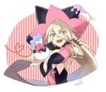  1girl :d aonagi_(a-lot-of) bag blonde_hair blue_hair cropped_torso detached_sleeves eyebrows_visible_through_hair gradient_hair green_eyes hair_between_eyes hat heart_ribbon holding holding_bag long_hair long_sleeves looking_at_viewer magilou_(tales) multicolored_hair open_mouth outstretched_arm pink_sleeves ribbon ribbon-trimmed_sleeves ribbon_trim smile solo striped striped_background tales_of_(series) tales_of_berseria two-tone_hair upper_body very_long_hair white_background witch_hat yellow_ribbon 