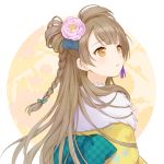  1girl bangs blush bow braid brown_eyes brown_hair checkered checkered_bow eyebrows_visible_through_hair flower fur-trimmed_kimono fur_trim hair_flower hair_ornament japanese_clothes kimono long_hair looking_away looking_to_the_side love_live! love_live!_school_idol_project minami_kotori one_side_up parted_lips pink_flower rio_(9251843) single_braid solo unmoving_pattern upper_body very_long_hair yellow_kimono 