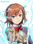  1girl biribiri bow bowtie brown_eyes brown_hair brown_jacket electricity flower ha_neko hair_flower hair_ornament hairclip jacket looking_at_viewer misaka_mikoto parted_lips red_neckwear school_uniform simple_background smile solo to_aru_kagaku_no_railgun to_aru_majutsu_no_index tokiwadai_school_uniform twitter_username upper_body white_background 