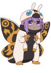  1girl :3 bangs blush closed_mouth cosplay_request costume dark_skin eyebrows_visible_through_hair fate/prototype fate/prototype:_fragments_of_blue_and_silver fate_(series) full_body hair_between_eyes hassan_of_serenity_(fate) i.u.y insect_wings long_sleeves looking_at_viewer moth_wings purple_hair simple_background sleeves_past_wrists solo standing violet_eyes white_background wings 
