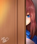  1girl bangs blue_eyes brown_hair commentary_request door doorway go-toubun_no_hanayome hoshi_san_3 looking_at_viewer medium_hair nakano_miku pajamas peeking peeking_out sleepwear 