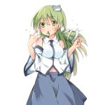  1girl arms_up blue_skirt blush breasts commentary_request cowboy_shot cycloneyukari detached_sleeves eyebrows_visible_through_hair fingernails frog_hair_ornament green_eyes green_hair hair_between_eyes hair_ornament hair_tubes impossible_clothes impossible_shirt kochiya_sanae long_hair looking_at_viewer medium_breasts mini_bottle mouth_hold navel shirt simple_background skirt smile snake_hair_ornament solo standing touhou very_long_hair white_background white_shirt 