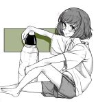  1girl akiyama_yukari bangs barefoot bespectacled casual closed_mouth commentary eyebrows_visible_through_hair from_side full_body girls_und_panzer glasses greyscale highres holding leg_hug light_blush looking_at_viewer monochrome notice_lines pillow ponpei_(ponpeisanda) shirt short_hair short_sleeves shorts sitting smile solo spot_color t-shirt tank_shell 