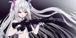  1girl bare_shoulders black_background black_gloves coyushi crop_top gloves gun holding holding_gun holding_weapon long_hair looking_at_viewer navel no_bra open_mouth otomata_ruka pink_eyes ruka_ch. sidelocks silver_hair solo two_side_up upper_body violet_eyes virtual_youtuber weapon 