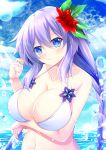  1girl absurdres arm_under_breasts bikini blue_eyes blush braid breasts eyebrows_visible_through_hair flower hair_flower hair_ornament highres kludea large_breasts long_hair looking_at_viewer navel neptune_(series) power_symbol purple_hair purple_heart smile solo swimsuit symbol-shaped_pupils twin_braids upper_body white_bikini 