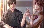  2boys adam&#039;s_apple black_hair black_kimono brown_eyes brown_hair brown_vest cigarette glasses grey_eyes izumi_(stardustalone) japanese_clothes kimono kiseru male_focus multiple_boys original pipe renri_no_chigiri_wo_kimi_to_shiru sitting smoking twilight veranda vest 